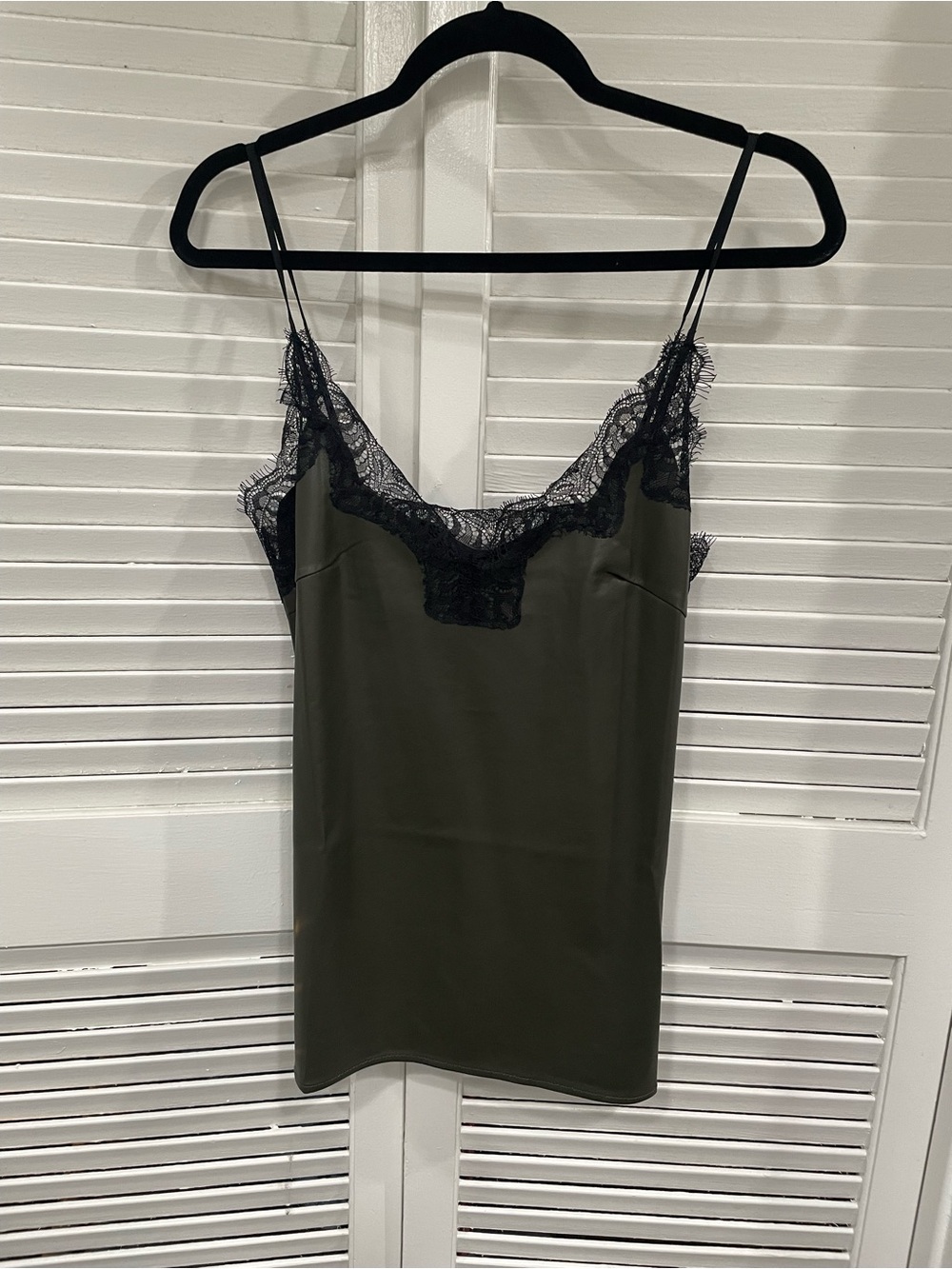 NWT GOLD HAWK moss Green PU Slip with Black Lace Trim